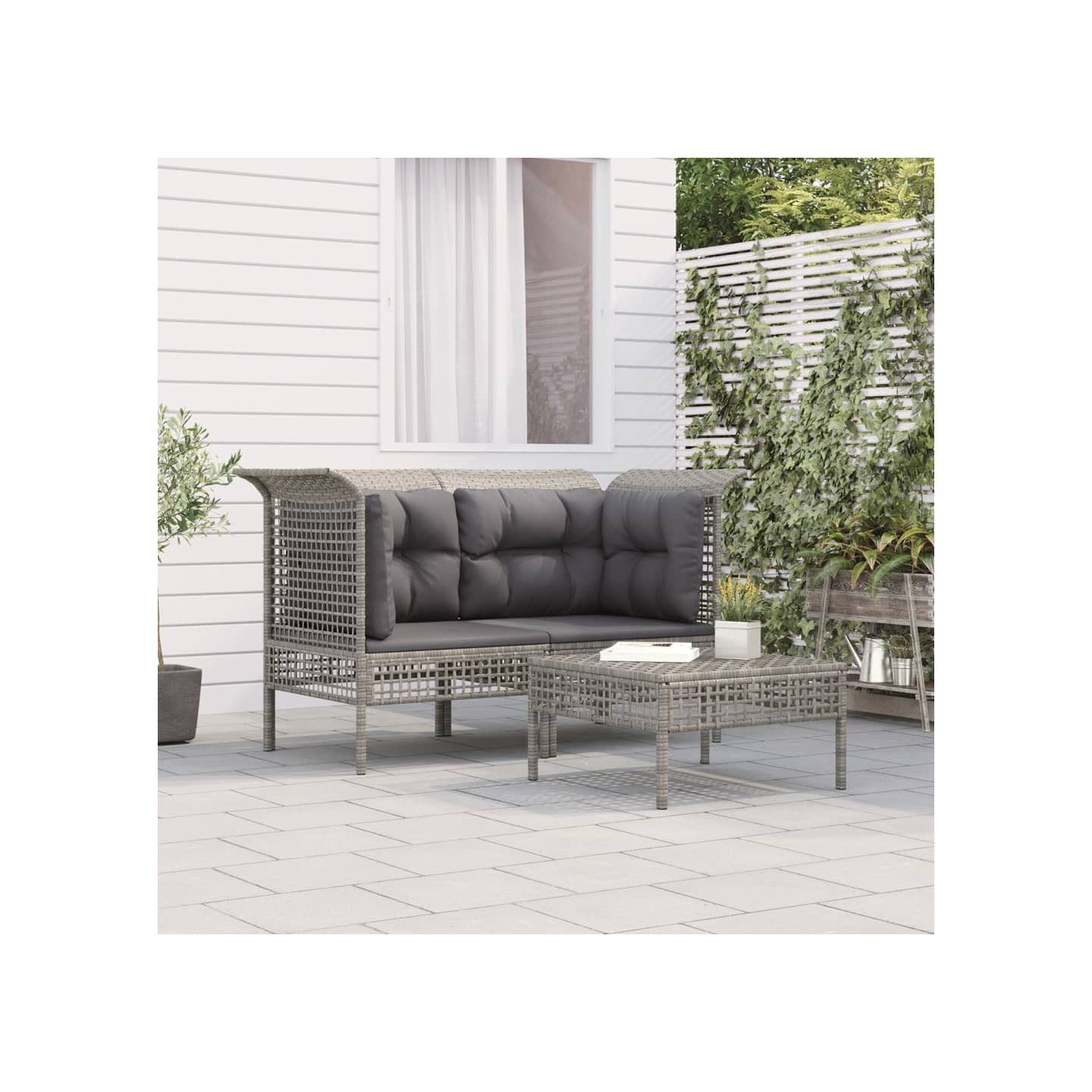 Salon de jardin 3 pcs avec coussins Gris Résine tressée