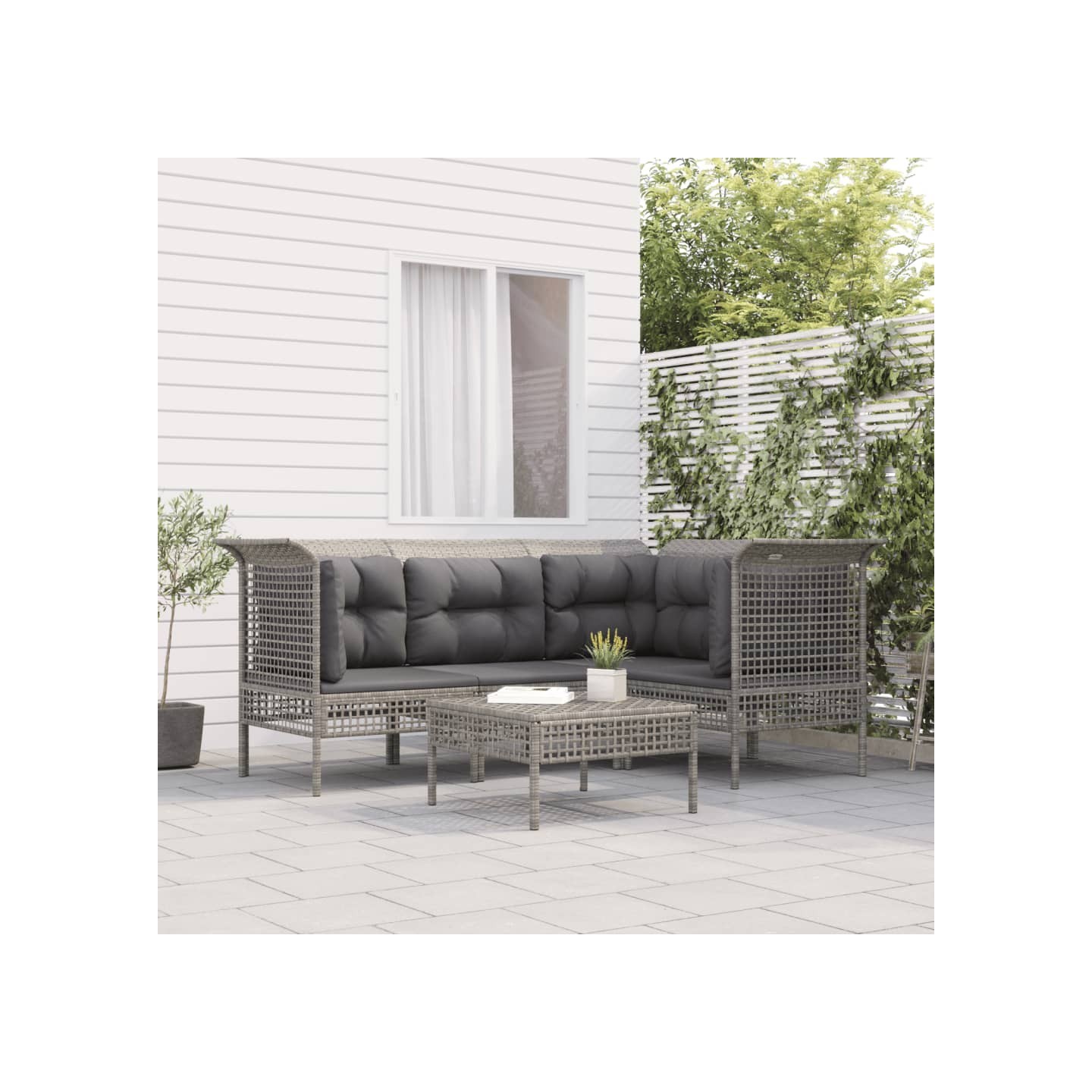 Salon de jardin 5 pcs avec coussins Gris Résine tressée