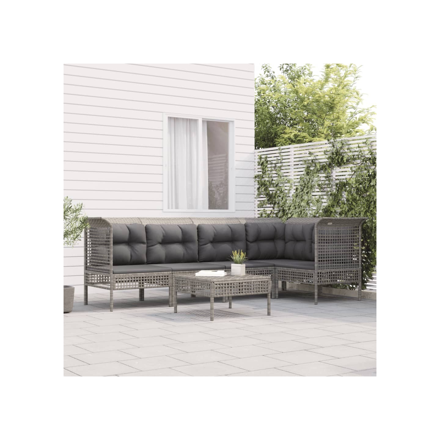 Salon de jardin 6 pcs avec coussins Gris Résine tressée