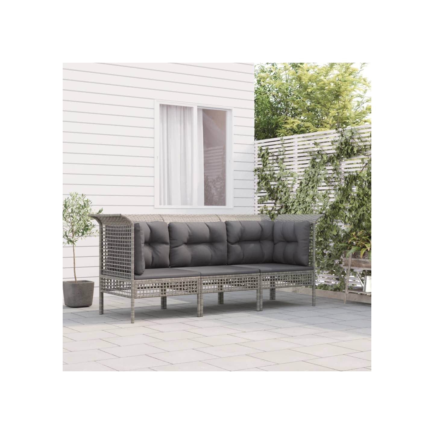 Salon de jardin 3 pcs avec coussins Gris Résine tressée