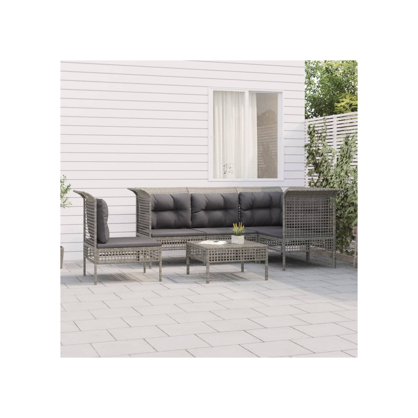 Salon de jardin 6 pcs avec coussins Gris Résine tressée