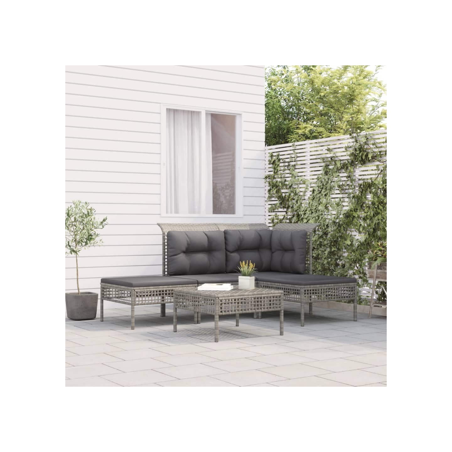 Salon de jardin 5 pcs avec coussins Gris Résine tressée