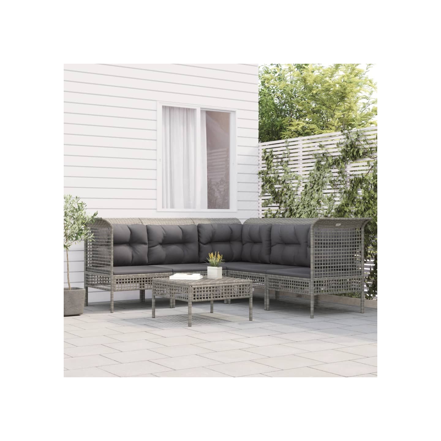Salon de jardin 6 pcs avec coussins Gris Résine tressée