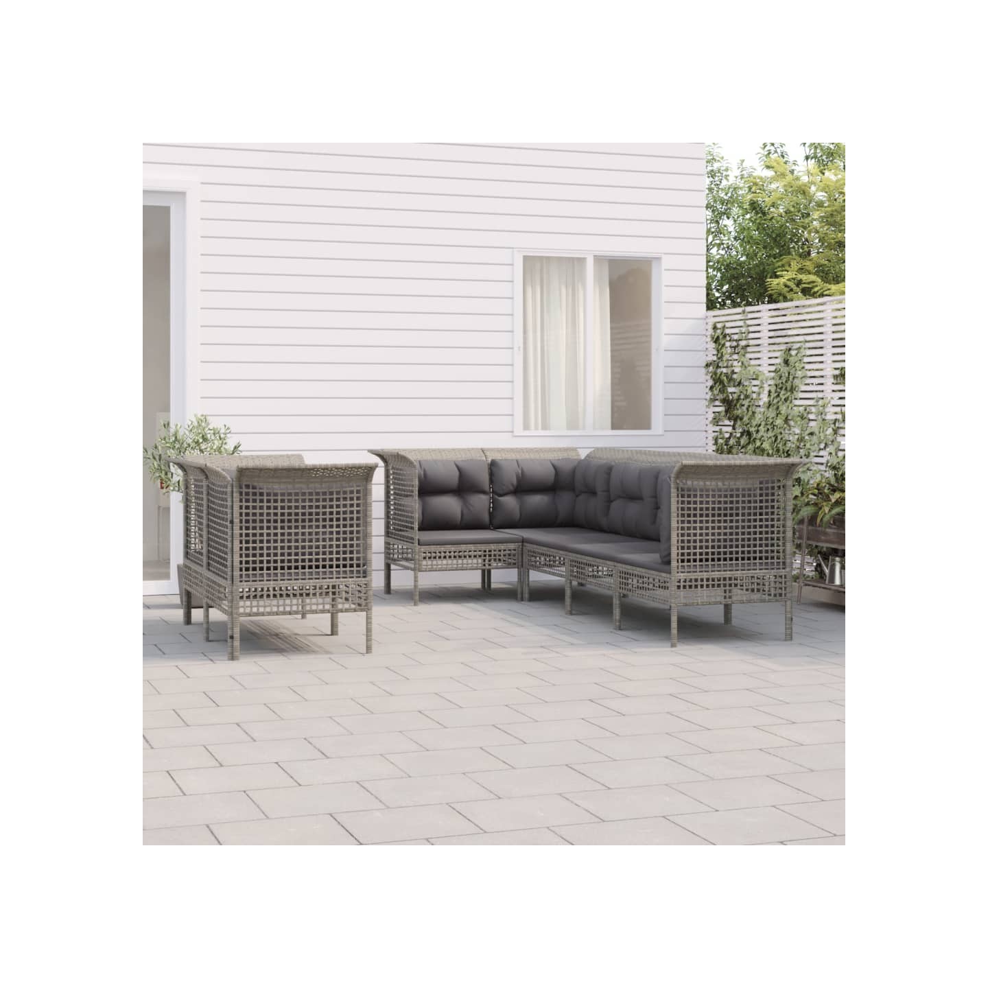 Salon de jardin 7 pcs avec coussins Gris Résine tressée