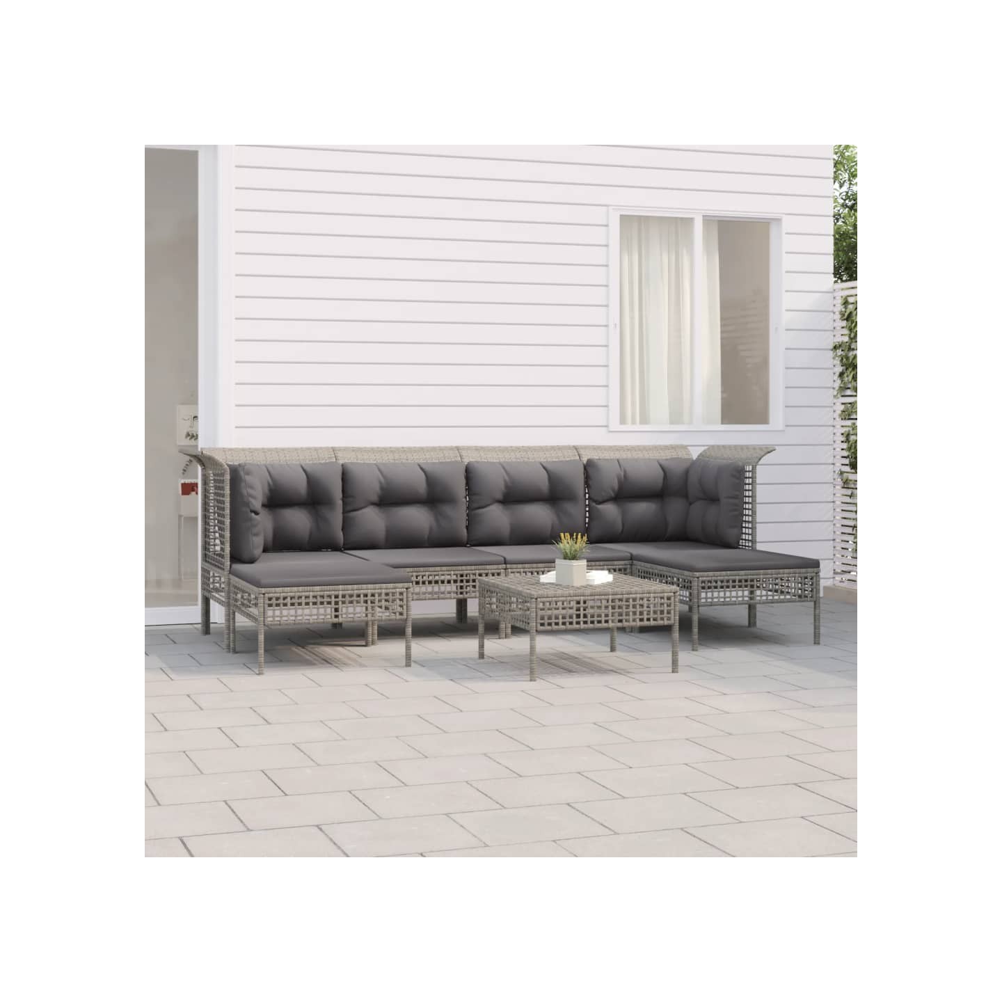 Salon de jardin 7 pcs avec coussins Gris Résine tressée