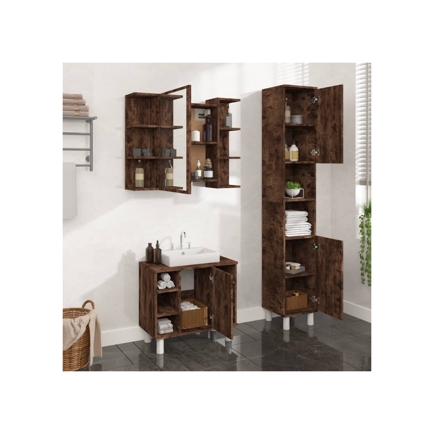 Ensemble d'armoires de salle de bain 3 pcs chêne fumé