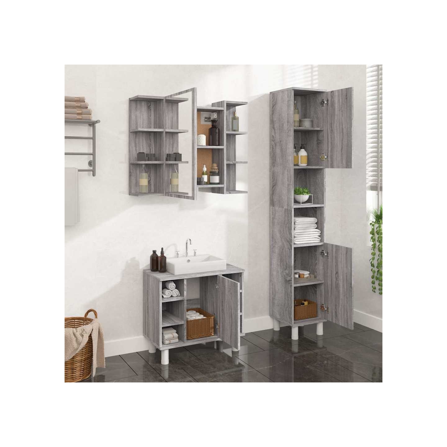 Ensemble d'armoires de salle de bain 3 pcs sonoma gris