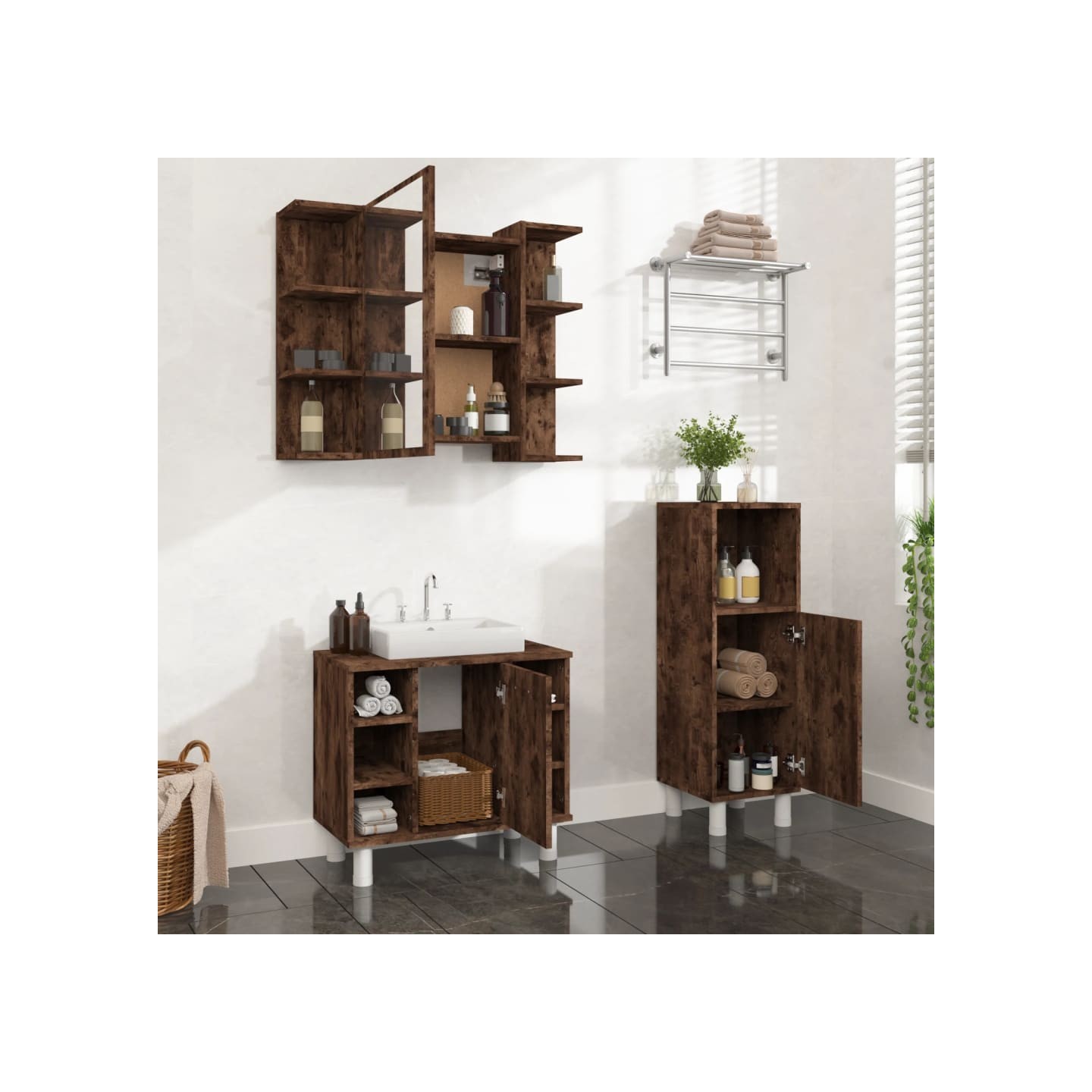 Ensemble d'armoires de salle de bain 3 pcs chêne fumé