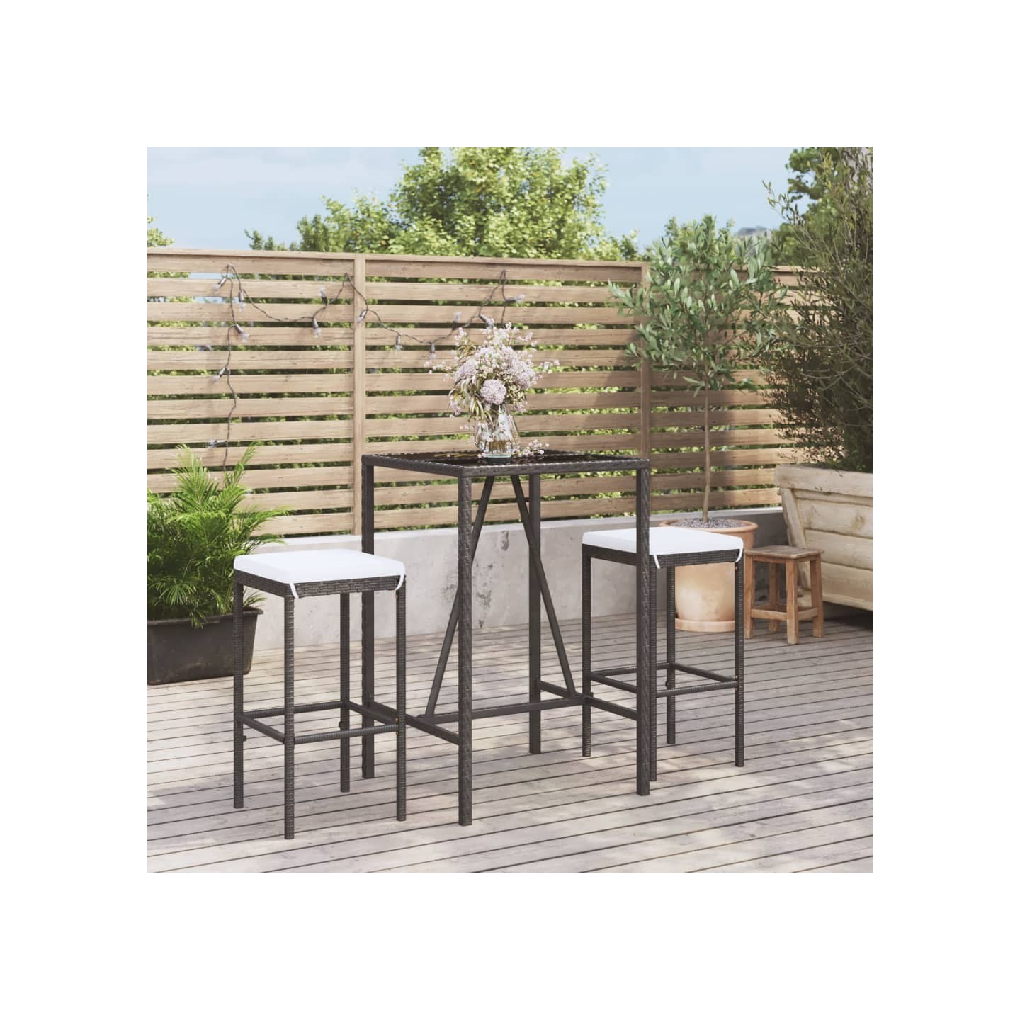 Ensemble de bar de jardin 3 pcs avec coussins noir poly rotin