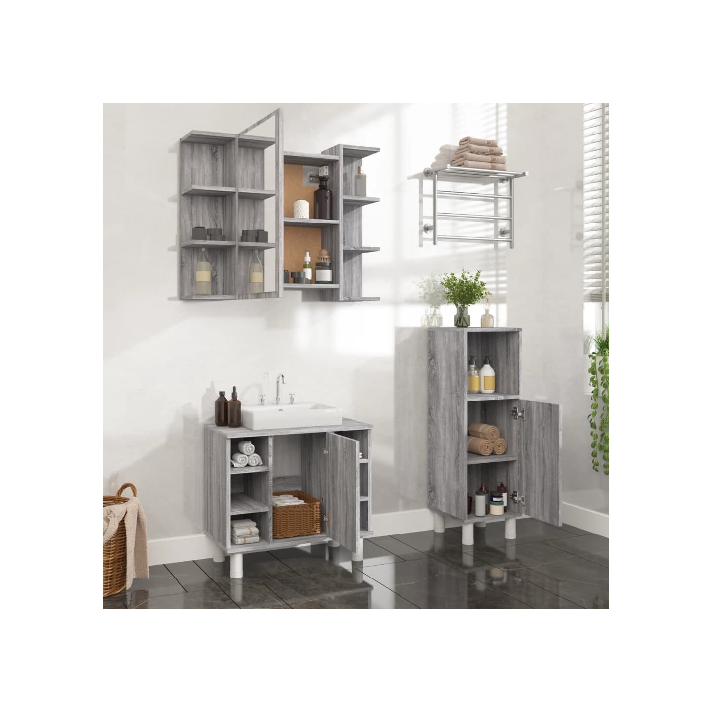 Ensemble d'armoires de salle de bain 3 pcs sonoma gris