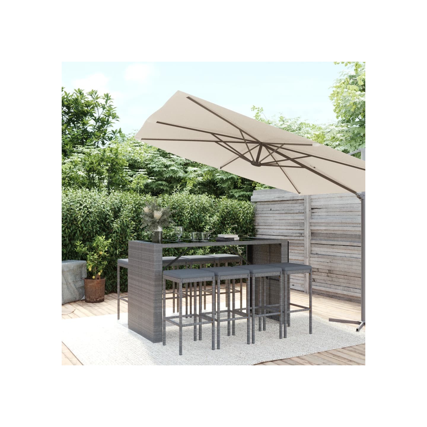 Ensemble de bar de jardin 9 pcs avec coussins gris poly rotin