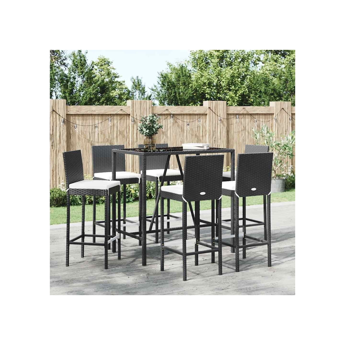 Ensemble de bar de jardin 7 pcs avec coussins noir poly rotin