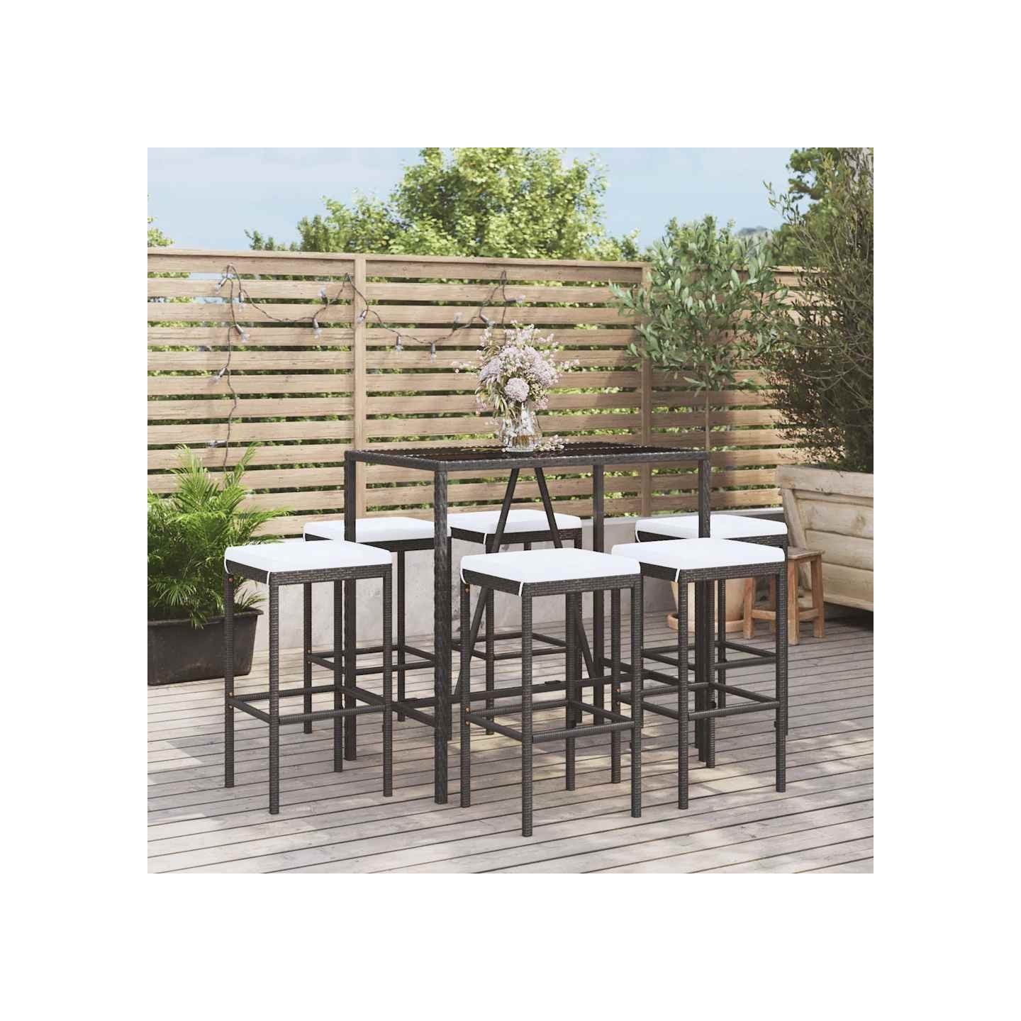 Ensemble de bar de jardin 7 pcs avec coussins noir poly rotin
