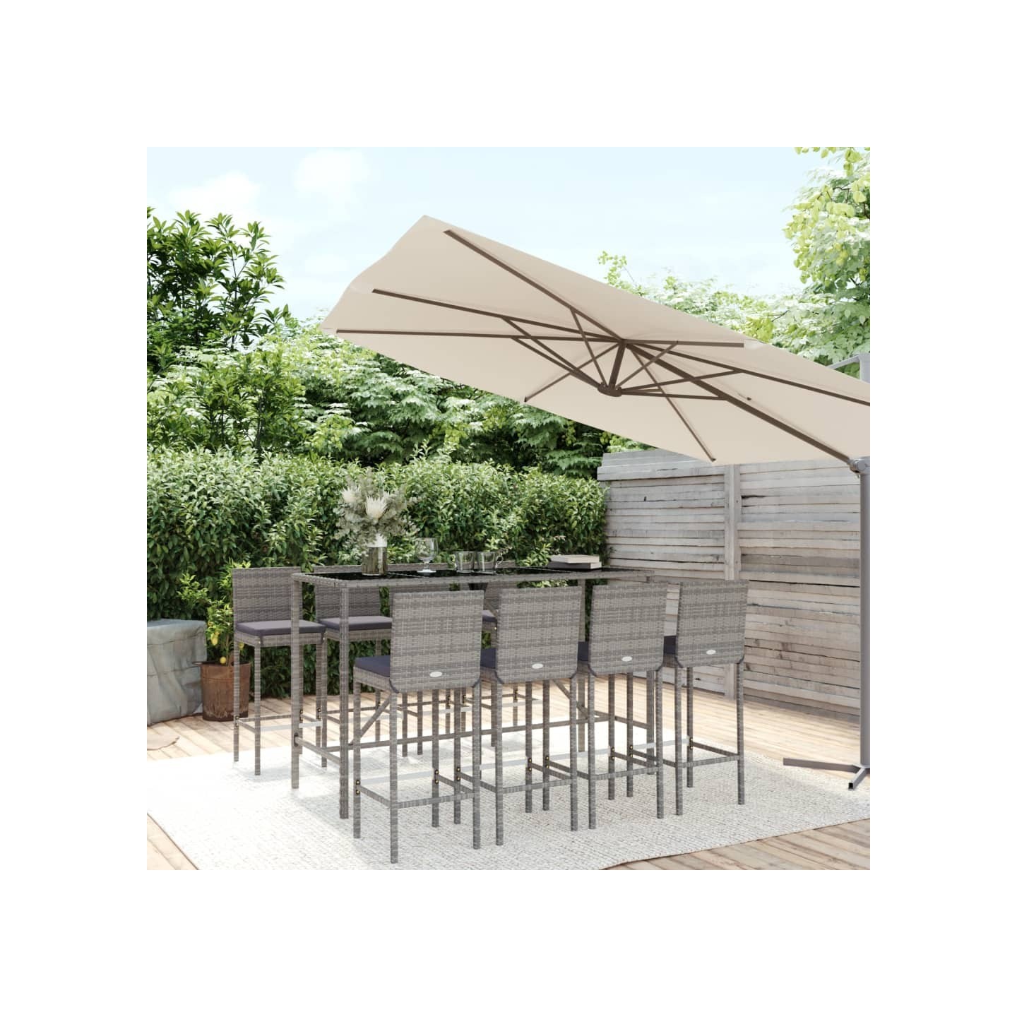 Ensemble de bar de jardin 9 pcs avec coussins gris poly rotin