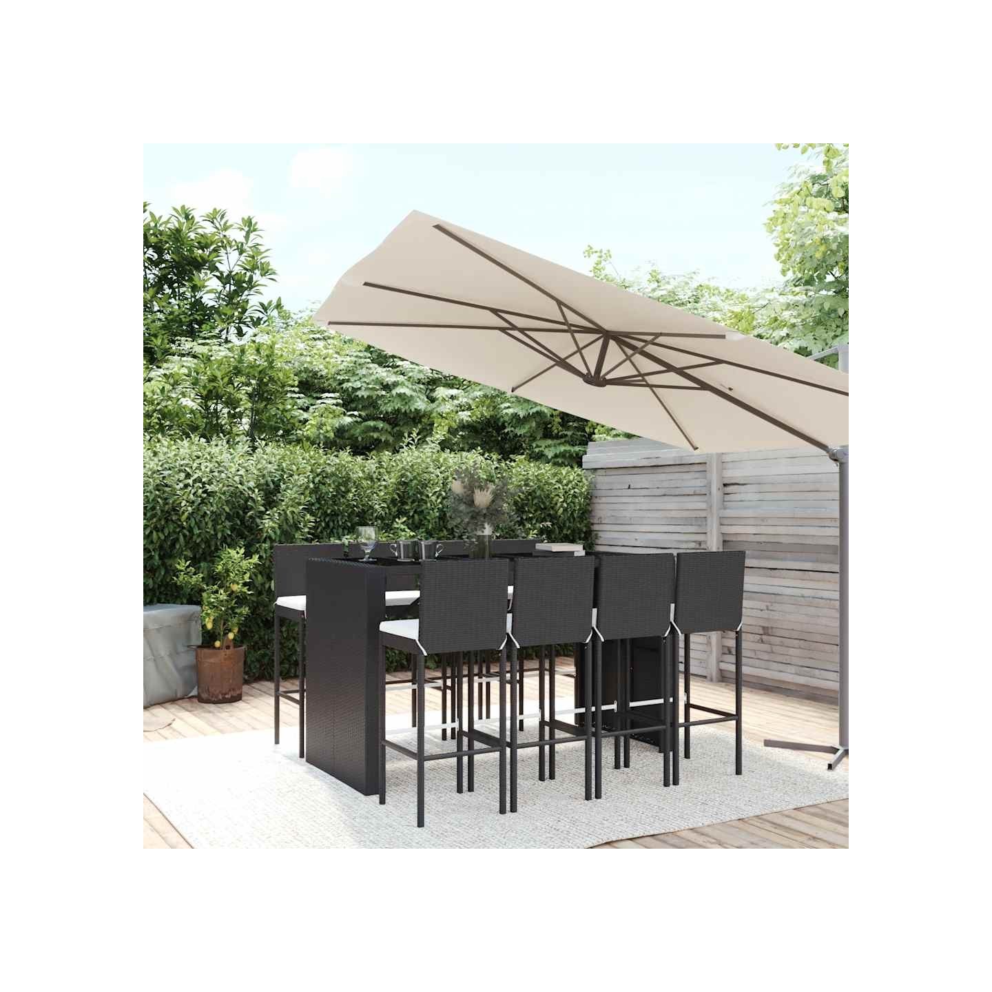 Ensemble de bar de jardin 9 pcs avec coussins noir poly rotin