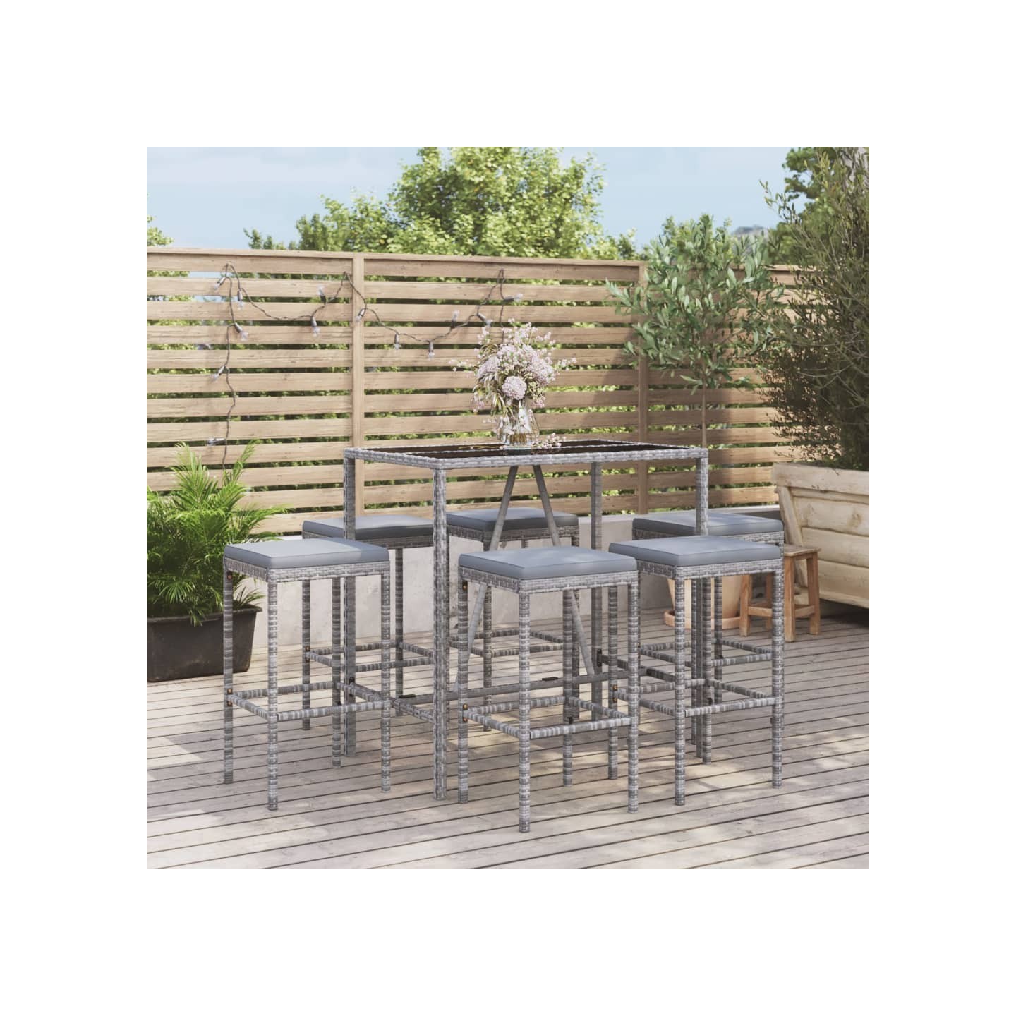 Ensemble de bar de jardin 7 pcs avec coussins gris poly rotin