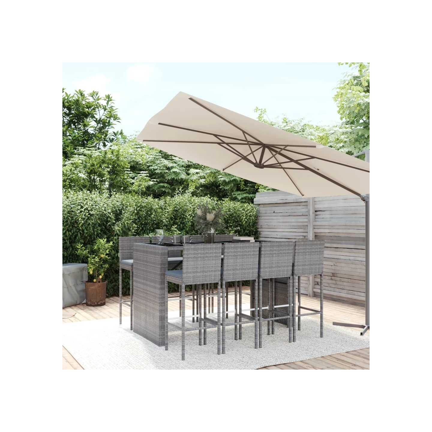 Ensemble de bar de jardin 9 pcs avec coussins gris poly rotin