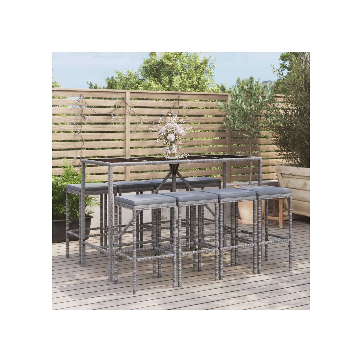 Ensemble de bar de jardin 9 pcs avec coussins gris poly rotin