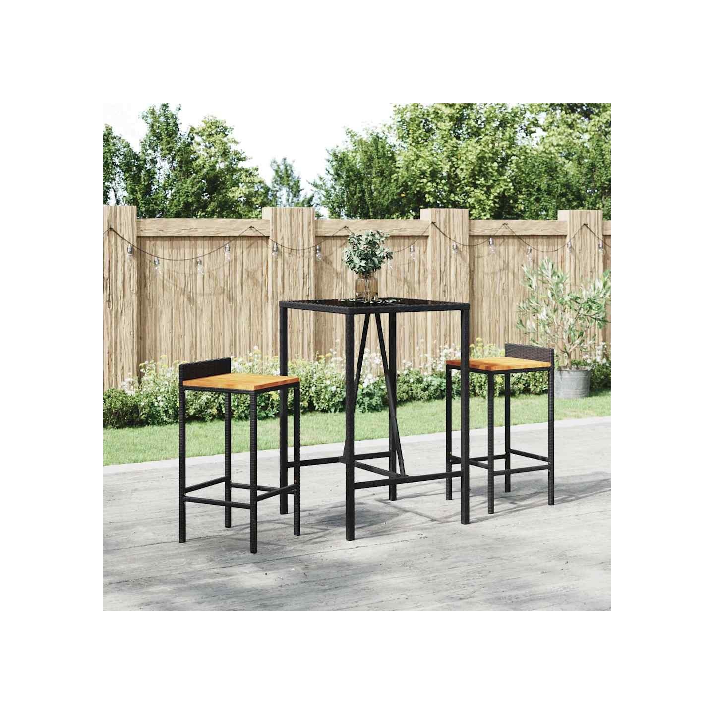 Ensemble de bar jardin 3 pcs noir poly rotin/bois massif acacia