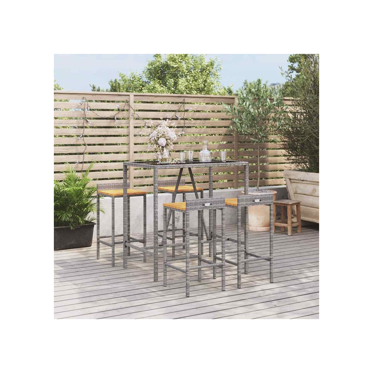 Ensemble de bar jardin 5 pcs gris poly rotin/bois massif acacia