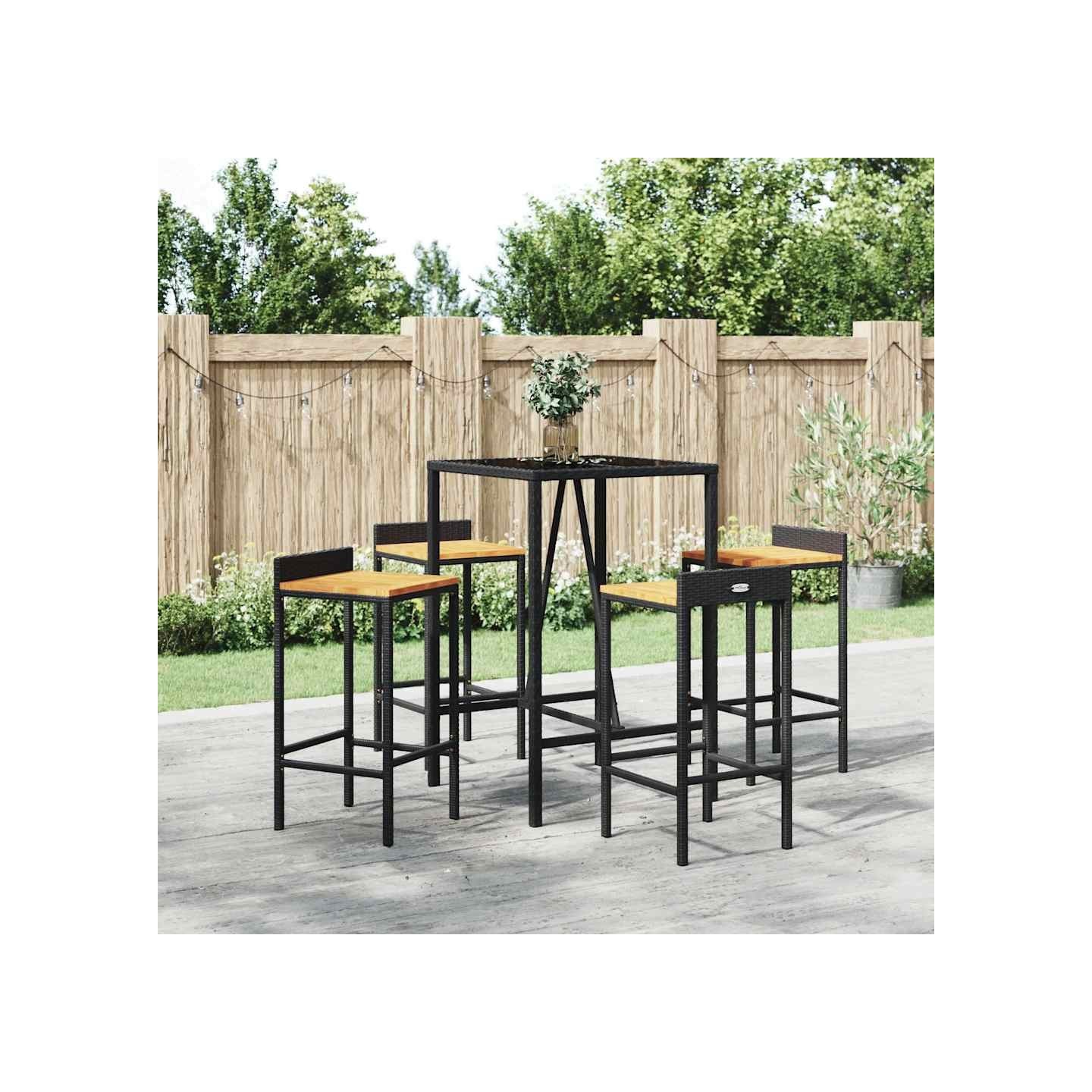 Ensemble de bar jardin 5 pcs noir poly rotin/bois massif acacia