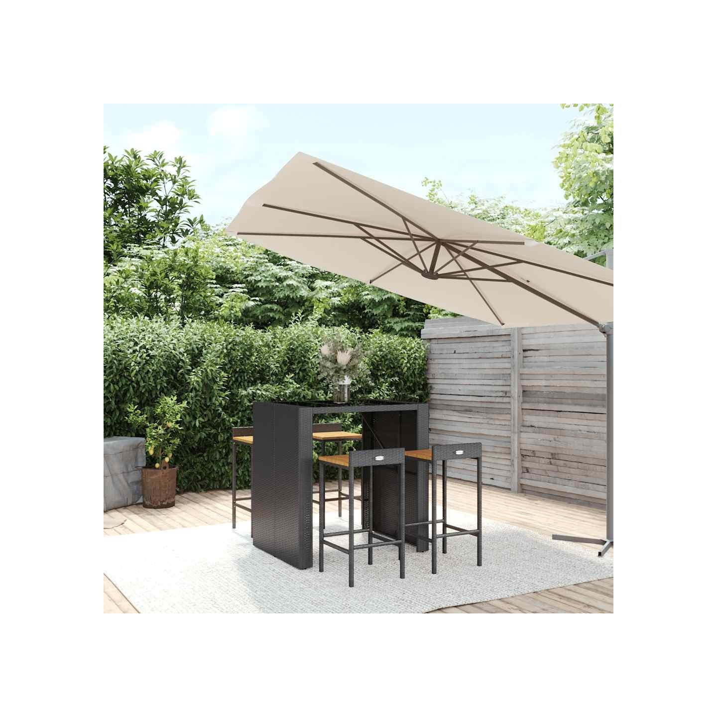 Ensemble de bar jardin 5 pcs noir poly rotin/bois massif acacia