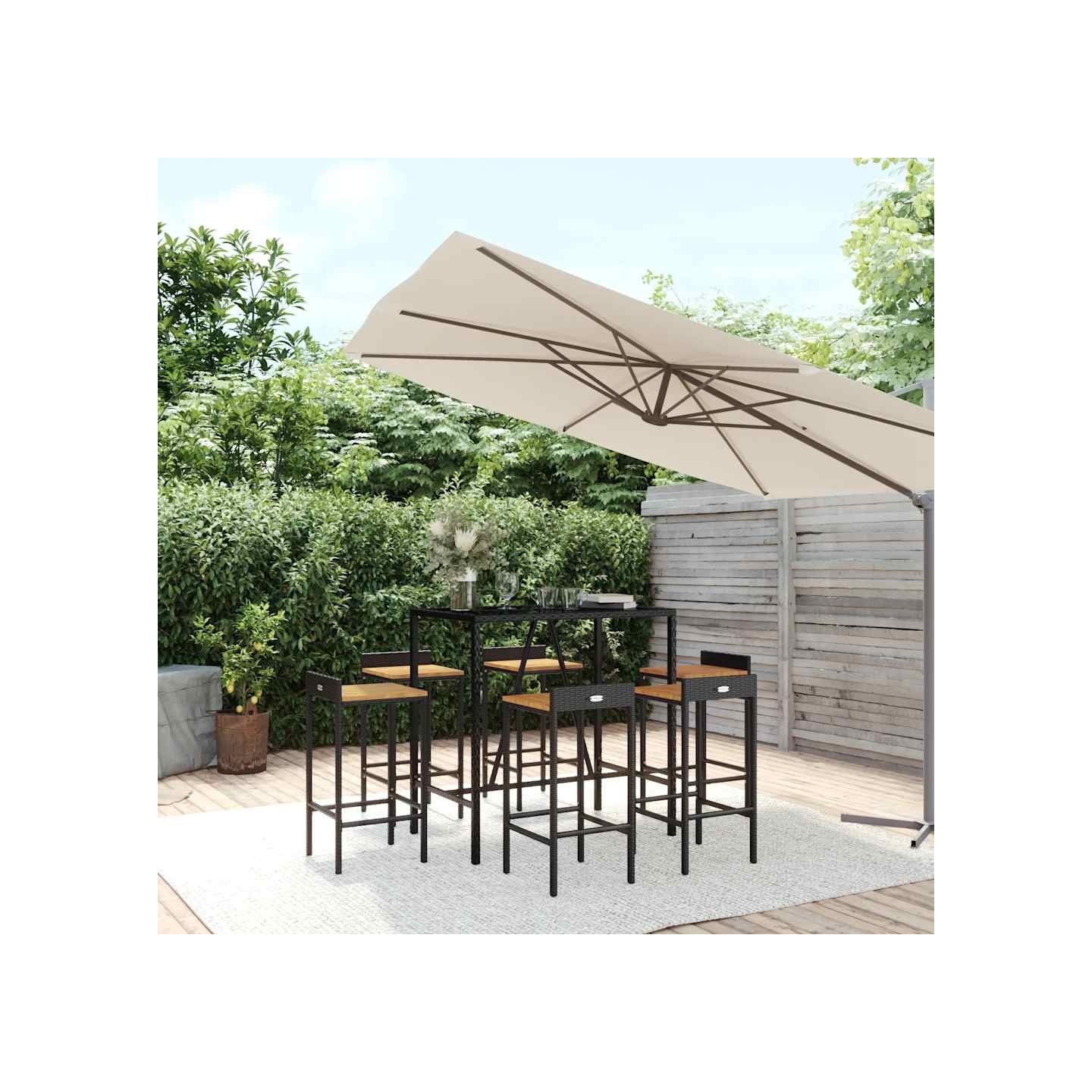Ensemble de bar jardin 7 pcs noir poly rotin/bois massif acacia
