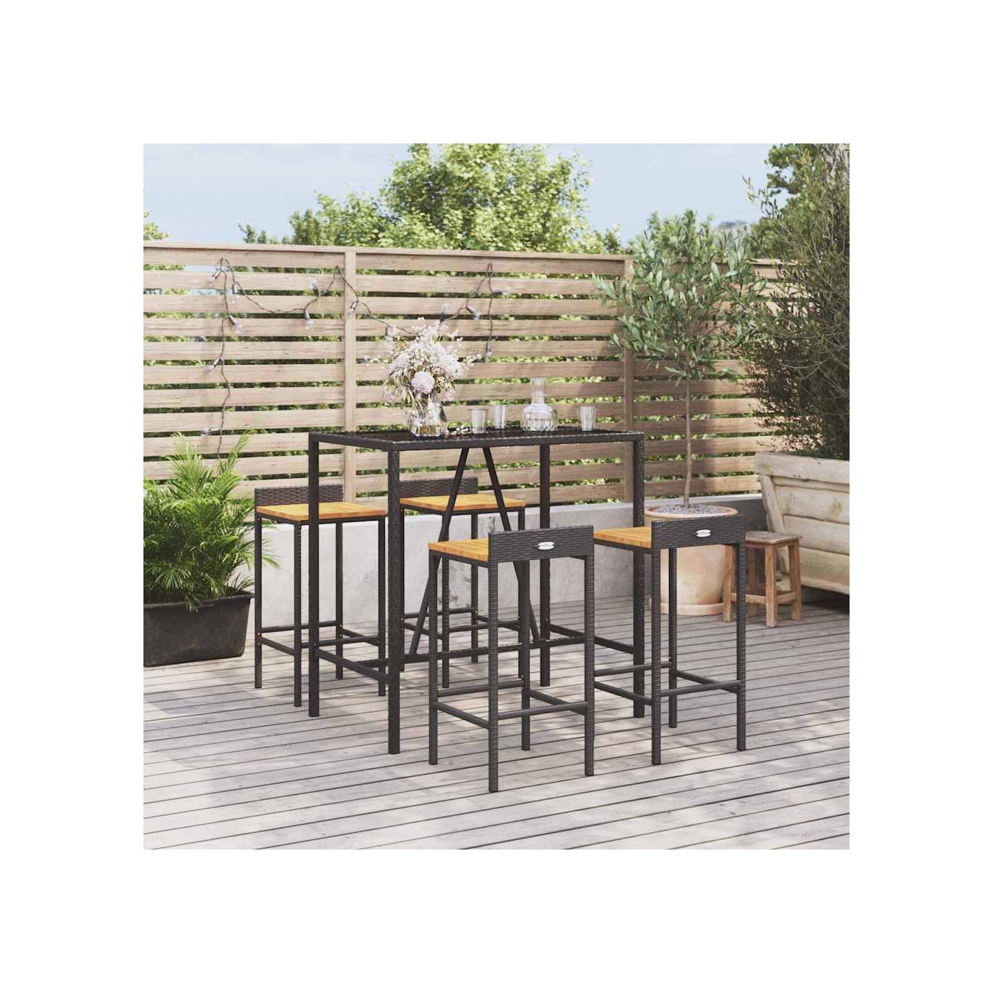 Ensemble de bar jardin 5 pcs noir poly rotin/bois massif acacia