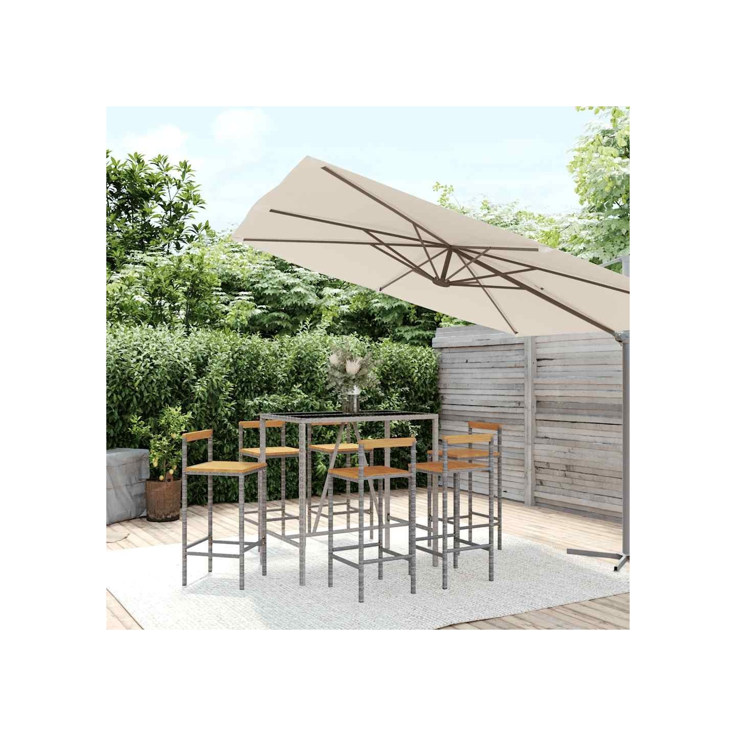 Ensemble de bar jardin 7 pcs gris poly rotin/bois massif acacia
