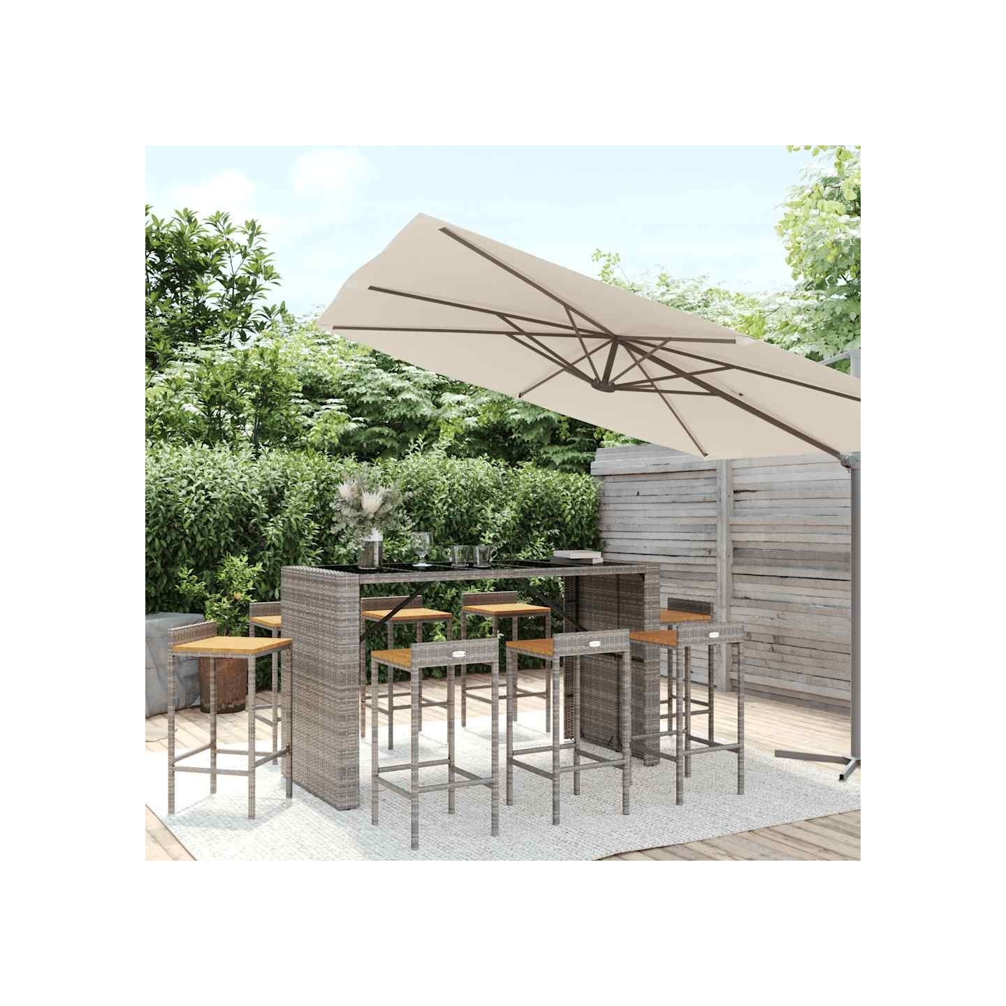 Ensemble de bar jardin 9 pcs gris poly rotin/bois massif acacia