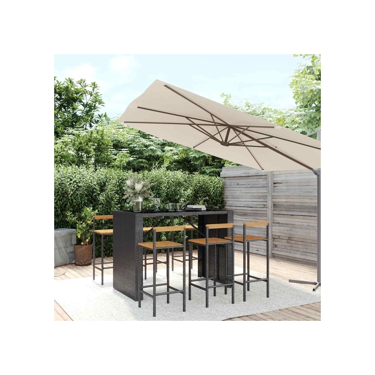 Ensemble de bar jardin 7 pcs noir poly rotin/bois massif acacia