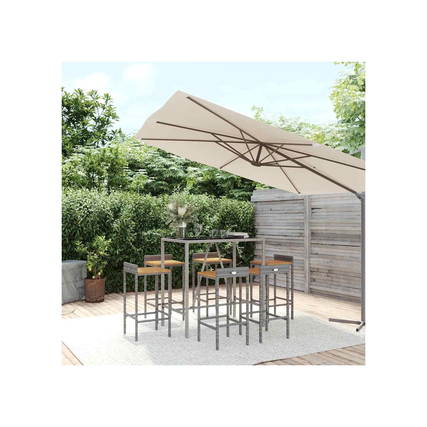 Ensemble de bar jardin 7 pcs gris poly rotin/bois massif acacia