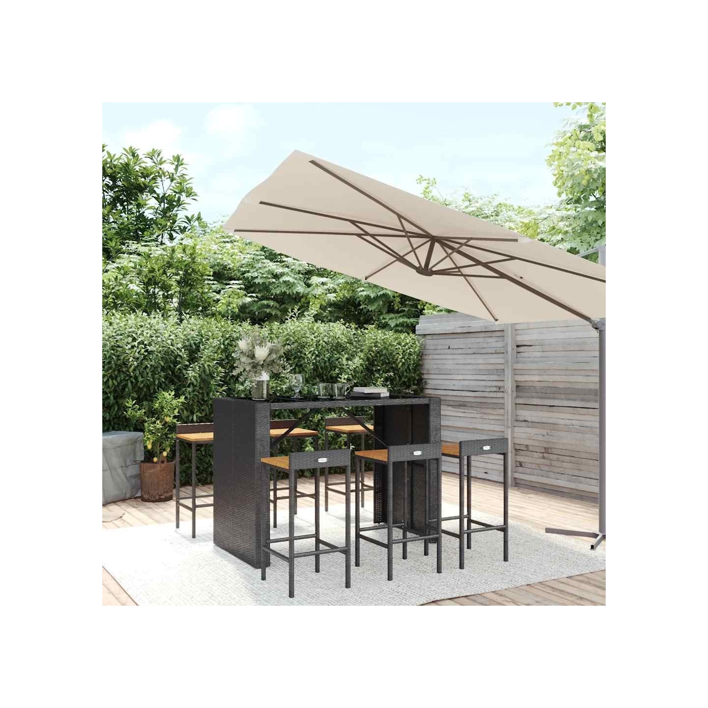 Ensemble de bar jardin 7 pcs noir poly rotin/bois massif acacia