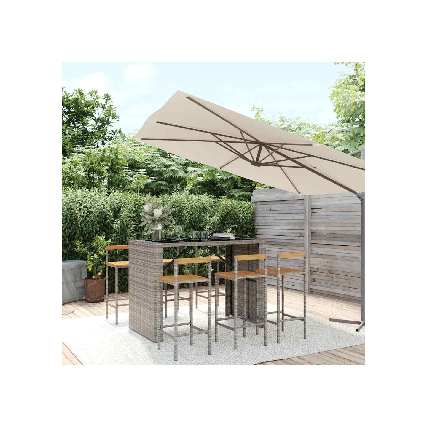 Ensemble de bar jardin 7 pcs gris poly rotin/bois massif acacia