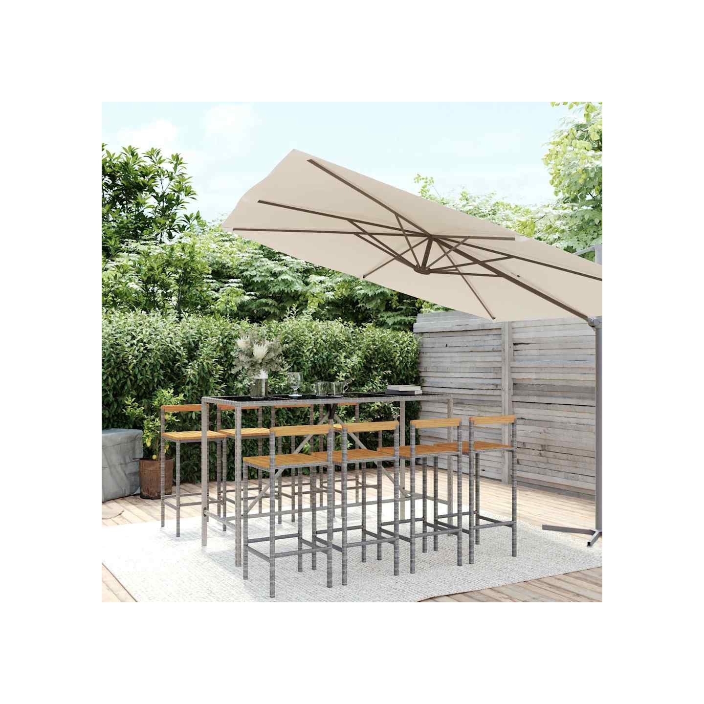 Ensemble de bar jardin 9 pcs gris poly rotin/bois massif acacia