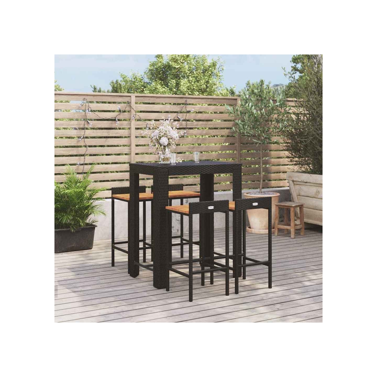 Ensemble de bar jardin 5 pcs noir poly rotin/bois massif acacia