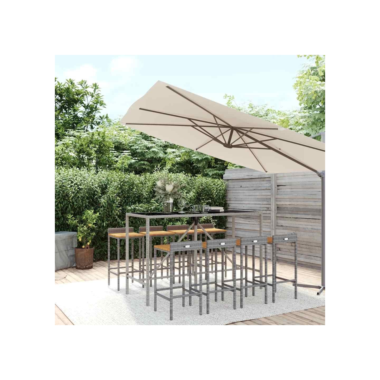 Ensemble de bar jardin 9 pcs gris poly rotin/bois massif acacia