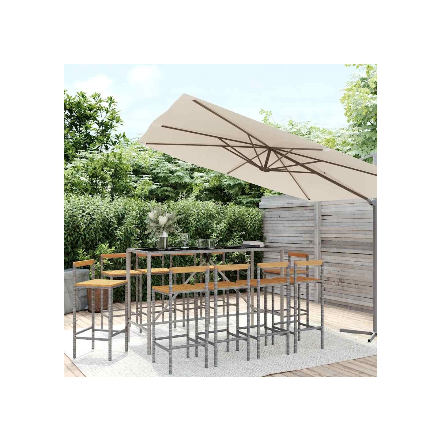 Ensemble de bar jardin 11pcs gris poly rotin/bois massif acacia