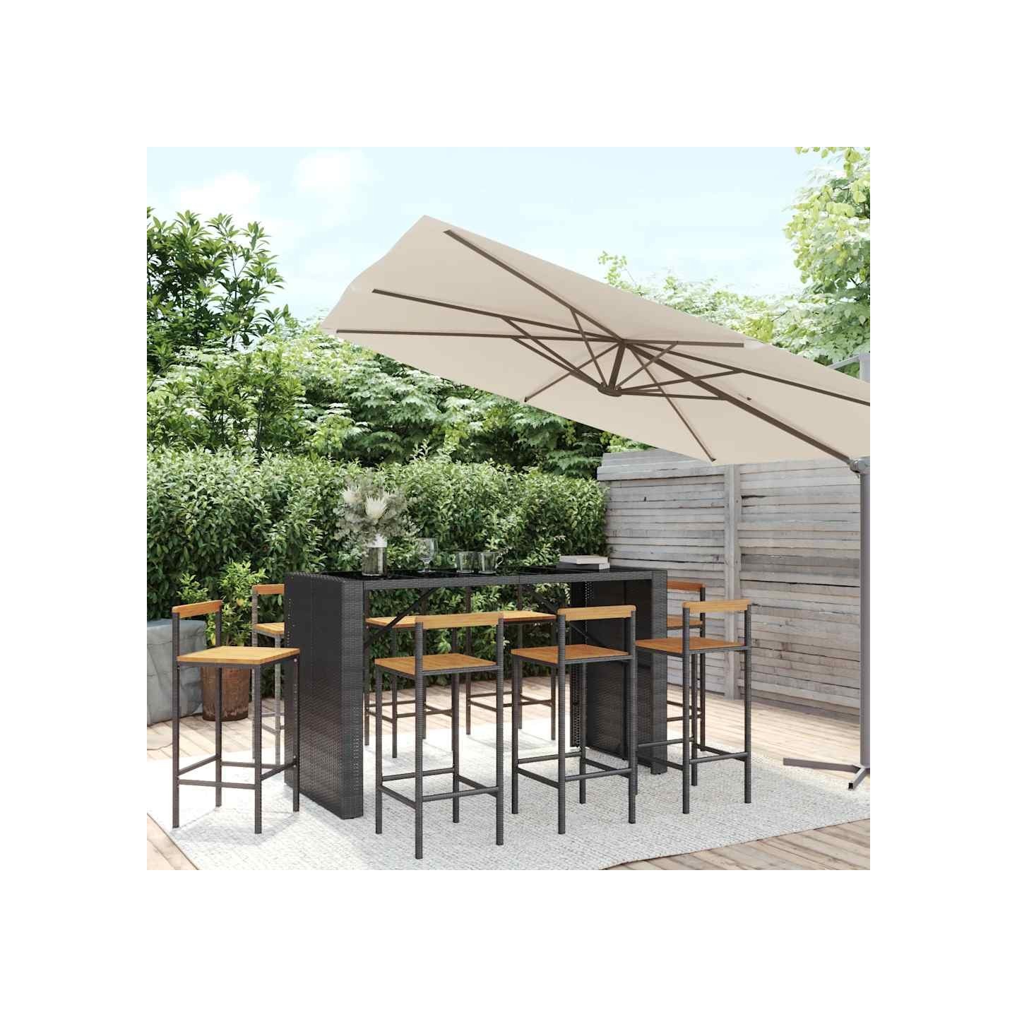 Ensemble de bar jardin 9 pcs noir poly rotin/bois massif acacia