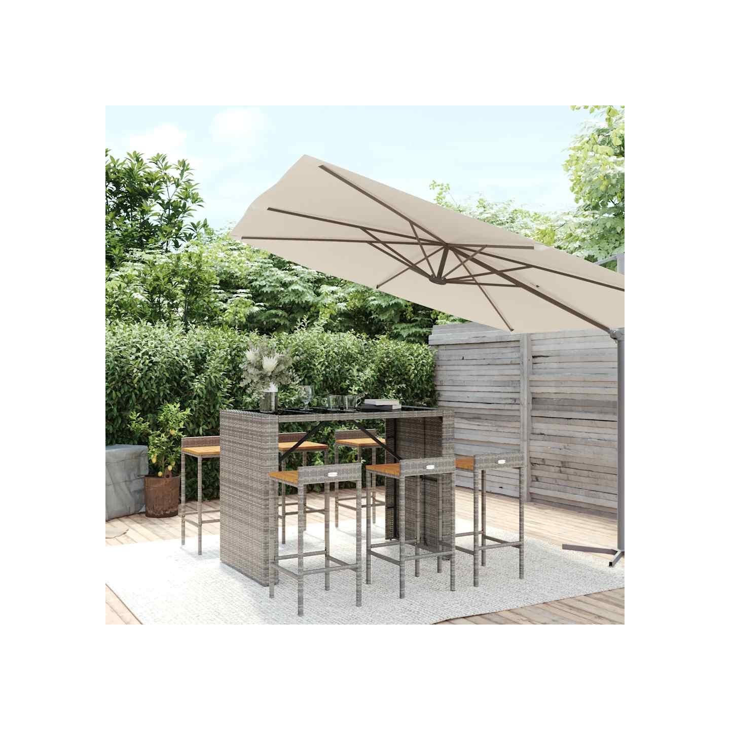 Ensemble de bar jardin 7 pcs gris poly rotin/bois massif acacia
