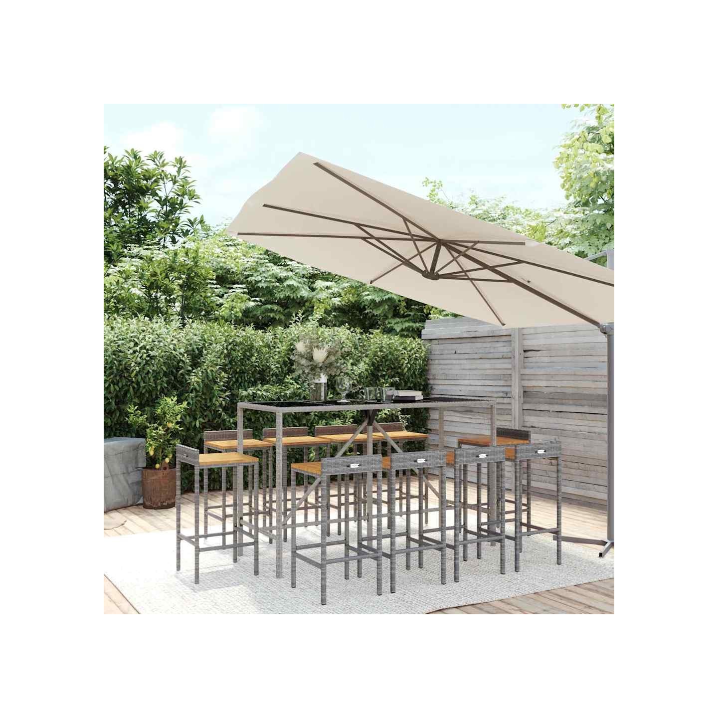 Ensemble de bar jardin 11pcs gris poly rotin/bois massif acacia