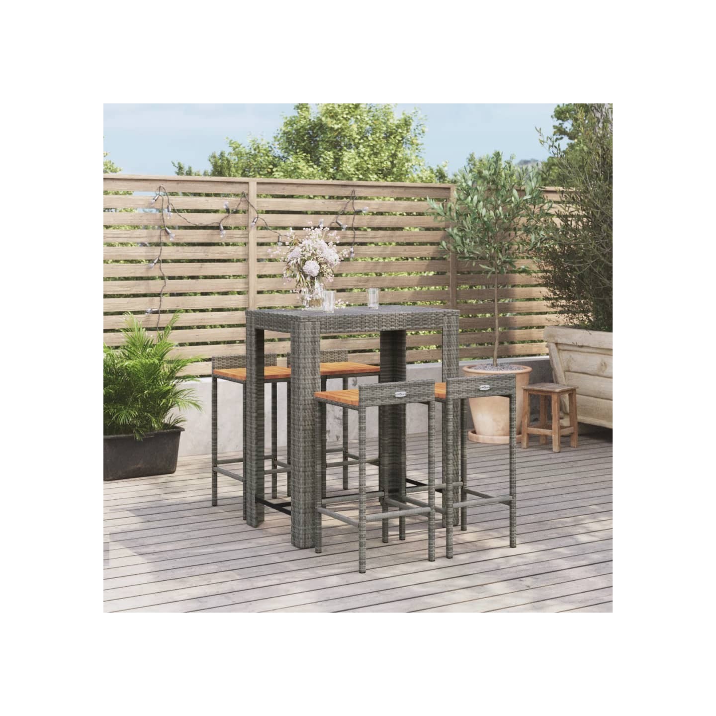 Ensemble de bar jardin 5 pcs gris poly rotin/bois massif acacia