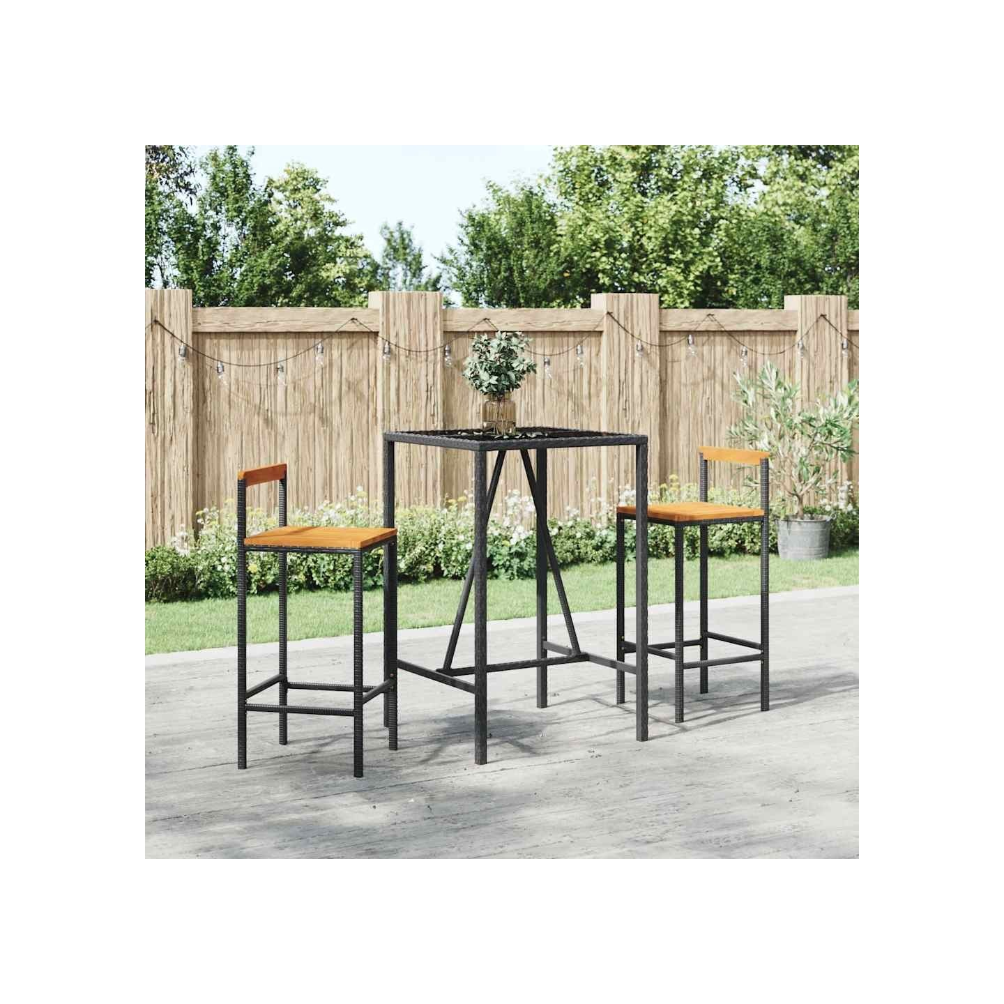 Ensemble de bar jardin 3 pcs noir poly rotin/bois massif acacia