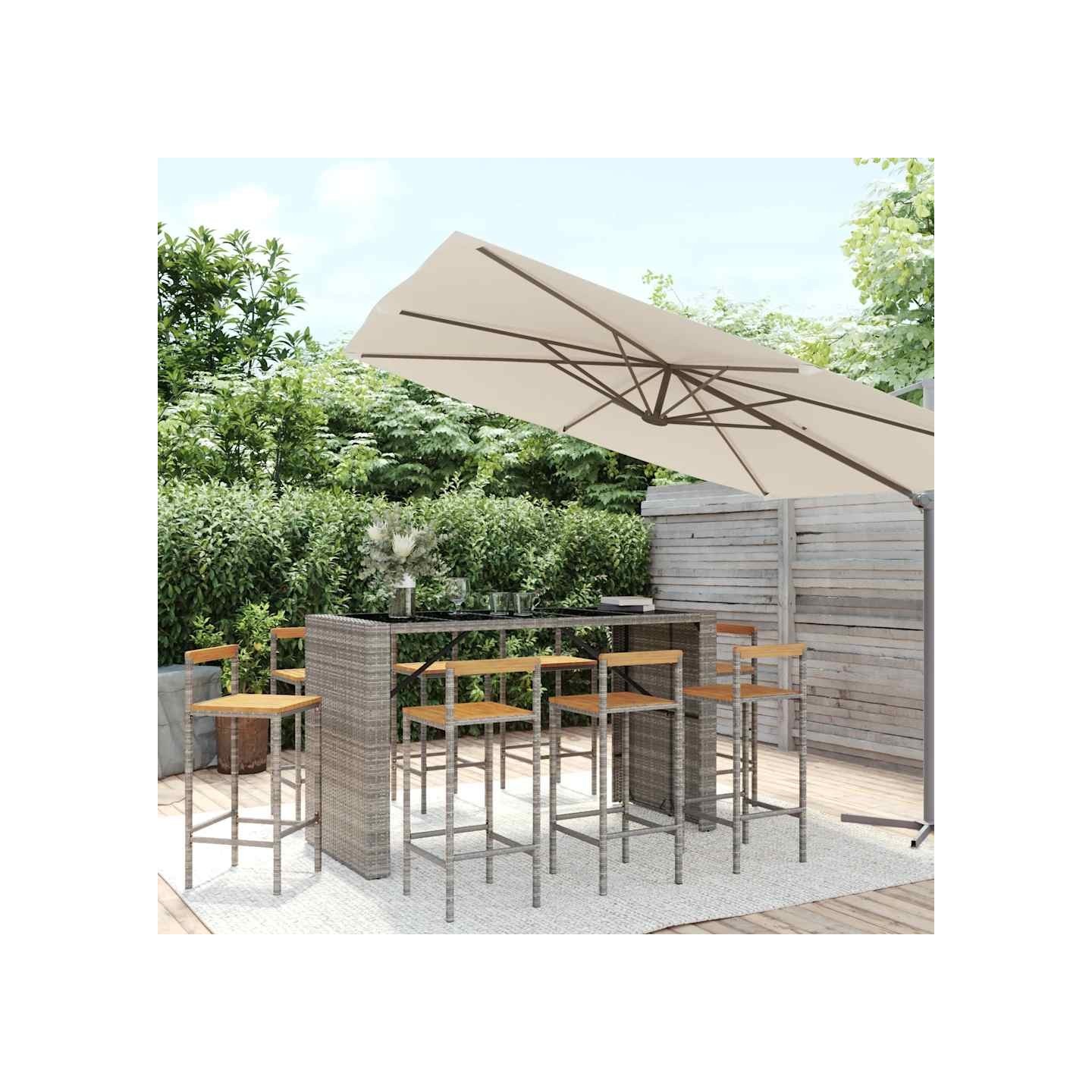 Ensemble de bar jardin 9 pcs gris poly rotin/bois massif acacia