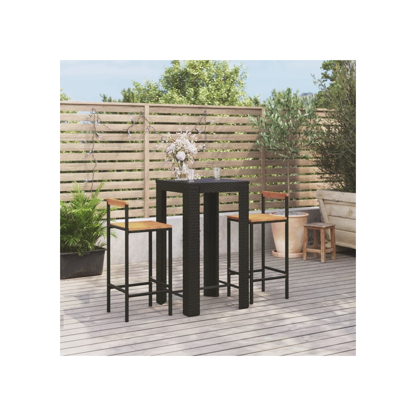 Ensemble de bar jardin 3 pcs noir poly rotin/bois massif acacia