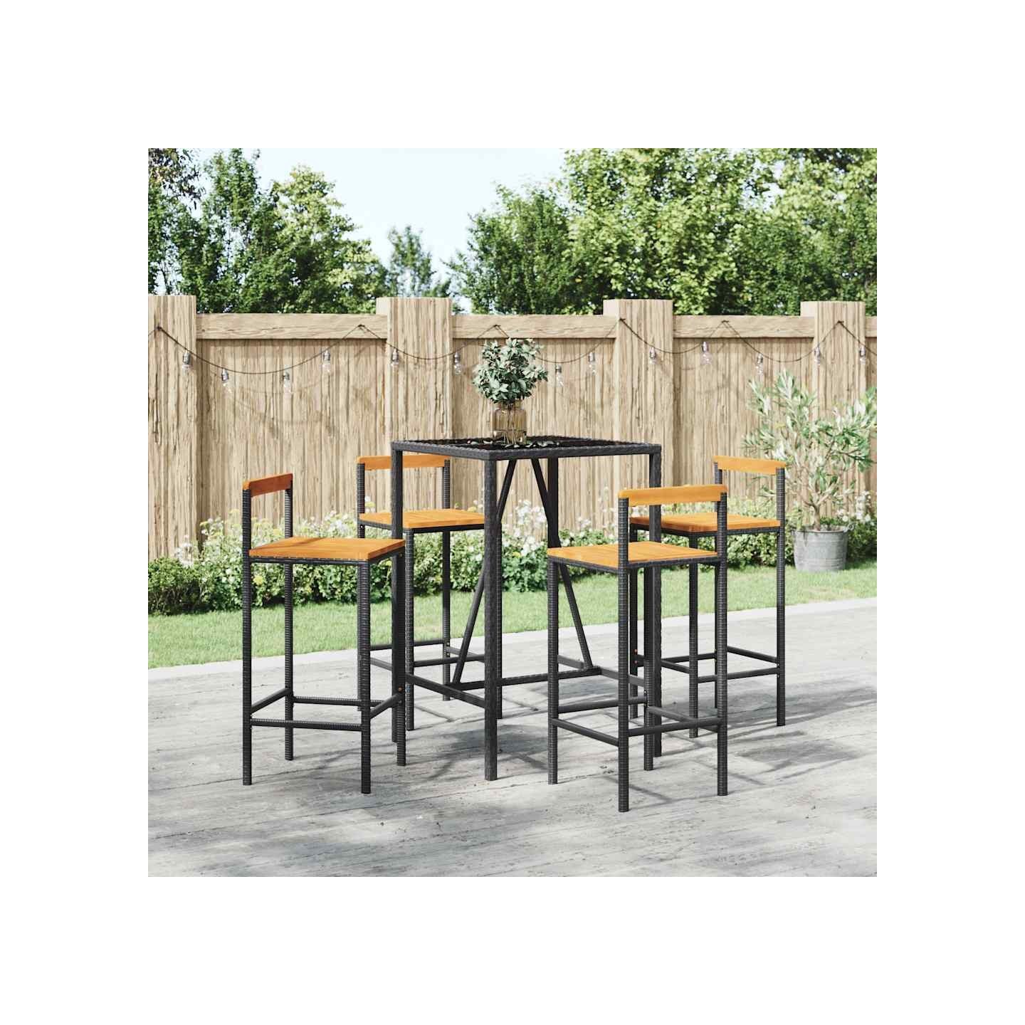 Ensemble de bar jardin 5 pcs noir poly rotin/bois massif acacia