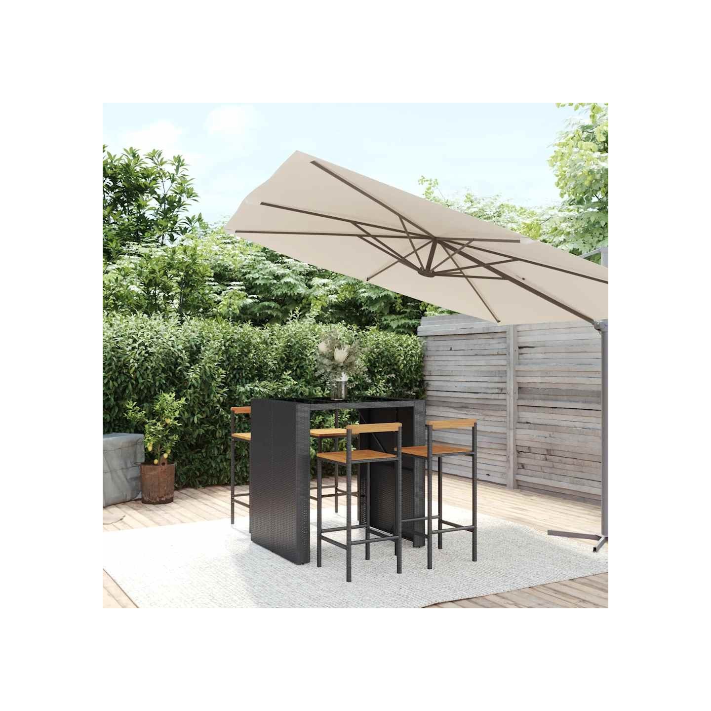 Ensemble de bar jardin 5 pcs noir poly rotin/bois massif acacia