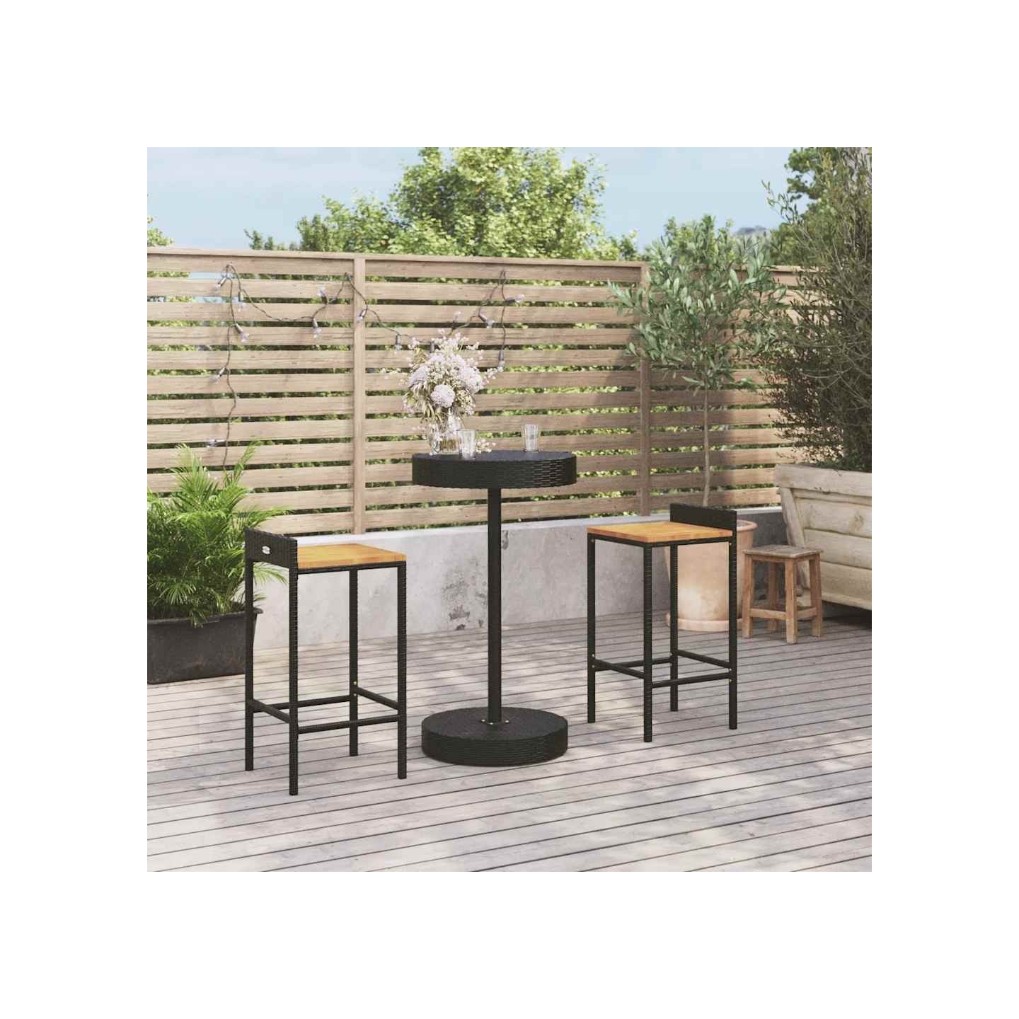 Ensemble de bar jardin 3 pcs noir poly rotin/bois massif acacia