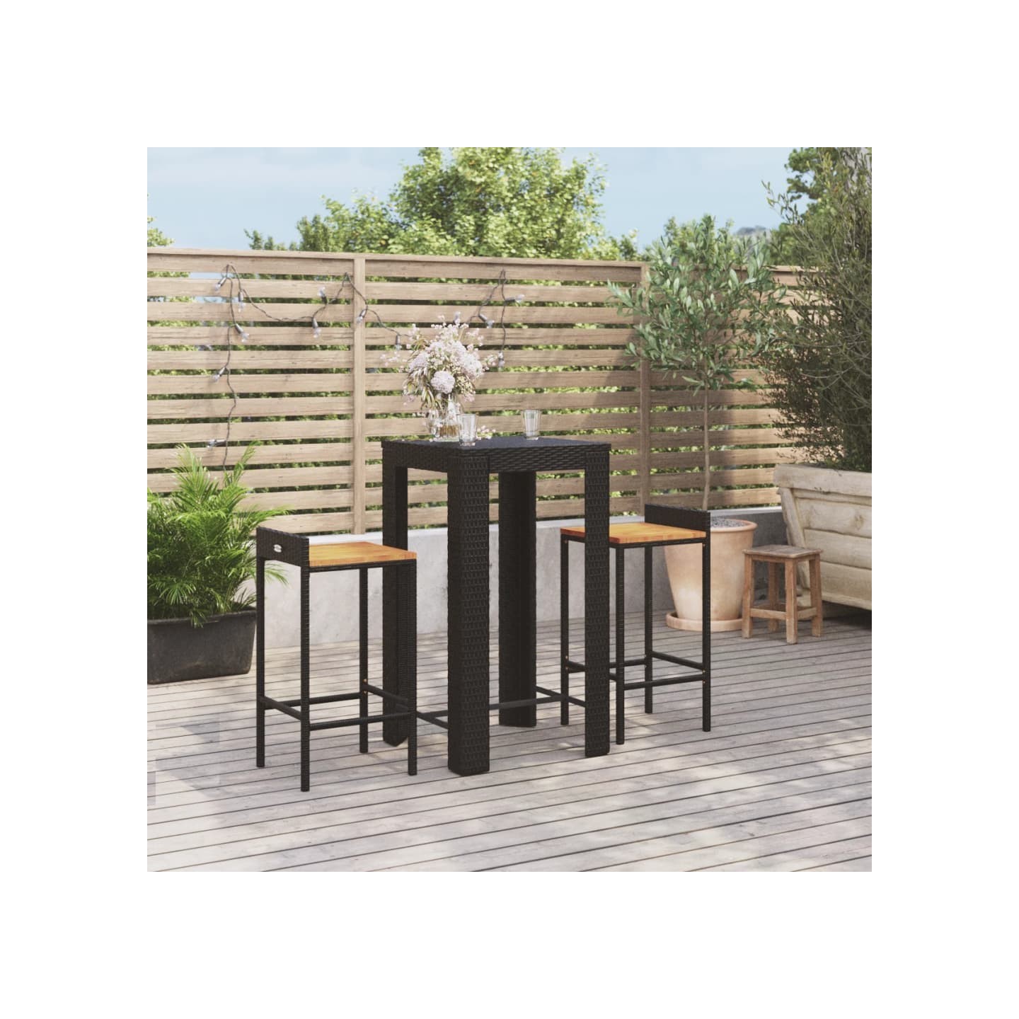 Ensemble de bar jardin 3 pcs noir poly rotin/bois massif acacia