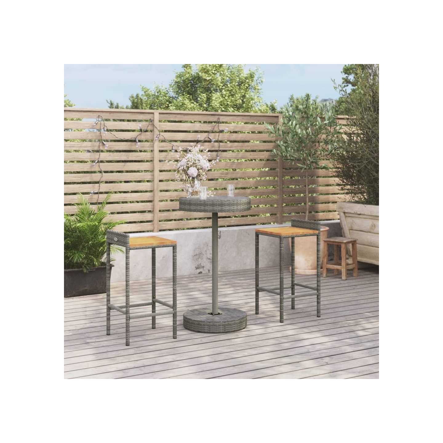 Ensemble de bar jardin 3 pcs gris poly rotin/bois massif acacia